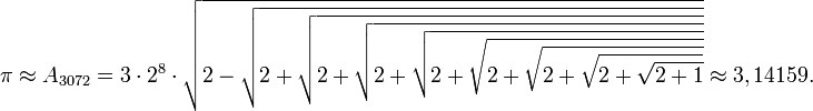 \pi\approx A_{3072} = {3 \cdot 2^8\cdot \sqrt{2-\sqrt{2+\sqrt{2+\sqrt{2+\sqrt{2+\sqrt{2+\sqrt{2+\sqrt{2+\sqrt{2+1}}}}}}}}}} \approx 3,14159.