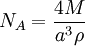  N_A  =  \frac{4M}{a^3\rho} \,