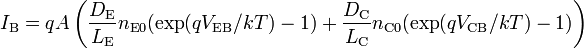 I_{\text{B}} = q A \left ( 
\frac{D_{\text{E}}}{L_{\text{E}}} n_{\text{E}0} ( \exp ( q V_{\text{EB}}
 / kT ) - 1) + \frac{D_{\text{C}}}{L_{\text{C}}} n_{\text{C}0} ( \exp ( q
 V_{\text{CB}} / k T ) - 1 ) \right )