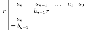 \begin{array}{c|ccccc}      {} & a_n & a_{n-1} & \dots & a_1 & a_0  \\      r & {} & b_{n-1}\,r & {} & {} & {}  \\      \hline           {}  & a_n & {} & {} & {} & {}  \\      {}  & =b_{n-1} & {} & {} & {} & {}  \\   \end{array}