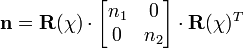  \mathbf{n} = \mathbf{R}(\chi) \cdot \begin{bmatrix} n_1 & 0 \\ 0 & n_2 \end{bmatrix} \cdot \mathbf{R}(\chi)^T 