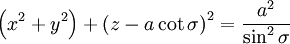 \left (ks^ {
2}
+ i^ {
2}
\right) + \left (z - \kot \sigma \right)^ {
2}
= \frac {
a^ {
2}
}
{
\sin^ {
2}
\sigma}