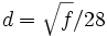 d=\sqrt{f}/28
