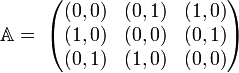 \mathbb{A} = \;
   \begin{pmatrix}
       (0,0) & (0,1) & (1,0) \\
       (1,0) & (0,0) & (0,1) \\
       (0,1) & (1,0) & (0,0) \\
   \end{pmatrix}
