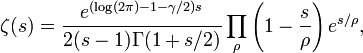 \zeta(s) = \frac{e^{(\log(2\pi)-1-\gamma/2)s}}{2(s-1)\Gamma(1+s/2)} \prod_\rho \left(1 - \frac{s}{\rho} \right) e^{s/\rho},\!