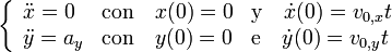 
\left \{
\begin{array}{llll}
\ddot{x}=0   & \mathrm{con} \quad x(0)=0 & \mathrm{y} \quad \dot{x}(0)=v_{0,x}t\\
\ddot{y}=a_y & \mathrm{con} \quad y(0)=0 & \mathrm{e} \quad \dot{y}(0)=v_{0,y}t
\end{array}
\right .
