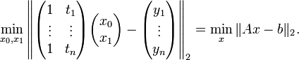  \min_{x_0,x_1}\left\|\begin{pmatrix}1 & t_1 \\ \vdots & \vdots \\ 1 & t_n \end{pmatrix} \begin{pmatrix} x_0\\ x_1\end{pmatrix} - \begin{pmatrix} y_1 \\ \vdots \\ y_{n}\end{pmatrix}\right\|_{2} = \min_x\|Ax-b\|_2. 