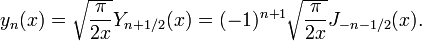 y_{n}(x) = \sqrt{\frac{\pi}{2x}} Y_{n+1/2}(x) = (-1)^{n+1} \sqrt{\frac{\pi}{2x}} J_{-n-1/2}(x).