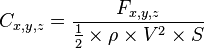 C_{x,y,z} = \frac{F_{x,y,z}} {\frac{1}{2} \times \rho \times V^2\times S} 