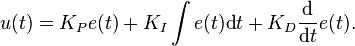 u(t) = K_P e(t) + K_I \int e(t)\text{d}t + K_D \frac{\text{d}}{\text{d}t}e(t).