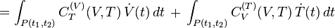=\int_{P(t_1,t_2)} C^{(V)}_T(V,T)\, \dot V(t)\, dt\,+\,\int_{P(t_1,t_2)}C^{(T)}_V(V,T)\,\dot T(t)\,dt