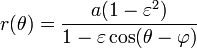 r(\theta)=\frac{a (1-\varepsilon^{2})}{1 - \varepsilon \cos(\theta - \varphi)}