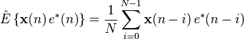 
\hat{E}\left\{\mathbf{x}(n) \, e^{*}(n)\right\}=\frac{1}{N}\sum_{i=0}^{N-1}\mathbf{x}(n-i) \, e^{*}(n-i)
