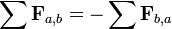 
\sum \mathbf{F}_{a,b}  = - \sum \mathbf{F}_{b,a} 
