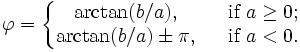 
  \varphi=
  \left\{
   \begin{matrix}
    {\rm arctan}(b/a),&&\mbox{if }a\ge0; \;
   \\
    {\rm arctan}(b/a) \pm \pi,&&\mbox{if }a<0. \;
   \end{matrix}
  \right. \;
 