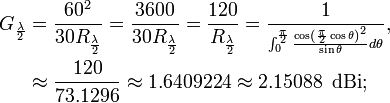 \begin{align}G_{\frac{\lambda}{2}}
&=\frac{60^2}{30R_{\frac{\lambda}{2}}}=\frac{3600}{30R_{\frac{\lambda}{2}}}=\frac{120}{R_{\frac{\lambda}{2}}}=\frac{1}{{}^{\int_{0}^{\frac{\pi}{2}}\frac{\cos\left(\frac{\pi}{2}\cos\theta\right)^2}{\sin\theta}d\theta}},\
&\approx\frac{120}{73.1296}\approx 1.6409224\approx 2.15088\ \,\mathrm{dBi};\end{align}\,\!