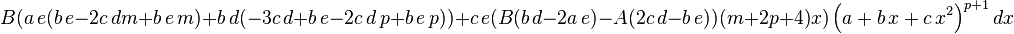  B (a\,e (b\,e-2 c\,d m+b\,e\,m)+b\,d (-3 c\,d+b\,e-2 c\,d\,p+b\,e\,p))+c\,e(B (b\,d-2 a\,e)-A (2 c\,d-b\,e)) (m+2 p+4) x)\left(a+b\,x+c\,x^2\right)^{p+1}dx
