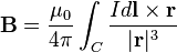  \mathbf{B} = \frac{\mu_0}{4\pi} \int_C \frac{I d\mathbf{l} \times \mathbf{r}}{|\mathbf{r}|^3}