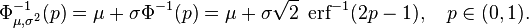 
\Phi_{\mu,\sigma^2}^{-1}(p)
= \mu + \sigma\Phi^{-1}(p)
= \mu + \sigma\sqrt2
\; \operatorname{erf}^{-1}(2p - 1),
\quad p\in(0,1).
