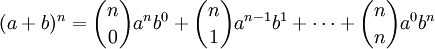 (a+b)^n=\\binom{n}{0}a^nb^0+\\binom{n}{1}a^{n-1}b^1+\\dots+\\binom{n}{n}a^0b^n