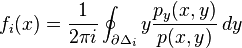 f_i(x) = \frac{1}{2\pi i}\oint_{\partial\Delta_i} y\frac{p_y(x,y)}{p(x,y)}\,dy