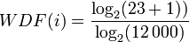 WDF(i)= frac{log_2(23+1))}{log_2(12,000)}