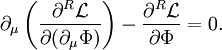 \partial_\mu \left( \frac{\partial^{R} \mathcal{L}}{\partial ( \partial_\mu \Phi)} \right) - \frac{\partial^{R} \mathcal{L}}{\partial \Phi} = 0. \,