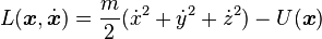 L(\boldsymbol{x}, \dot{\boldsymbol{x}})
 = \frac{m}{2}(\dot{x}^2+\dot{y}^2+\dot{z}^2)
 -U(\boldsymbol{x})