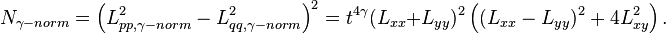 N_ { \gamma-normo} = \left (L_ { p, \gamma-normo} ^2 - L_ { q, \gamma-normo} ^2 \right) ^2 = t^ { 4 \gamma} (L_ { xx} +L_ { y} ) ^2 \left ((L_ { xx} - l_ { y} ) ^2-+ 4 L_ { ksy} ^2 \right).