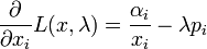 \ Frac {\ partial} {x_i \ parsial} L (x, \ lambda) = \ frac {\ alpha_ {i}} {x_i} - \ lambda P_i