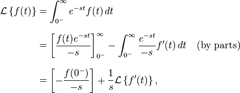 \begin{align} \mathcal{L} \left\{f(t)\right\} & = \int_{0^-}^{\infty} e^{-st} f(t)\,dt \\[8pt] & = \left[\frac{f(t)e^{-st}}{-s} \right]_{0^-}^{\infty} - \int_{0^-}^\infty \frac{e^{-st}}{-s} f'(t) \, dt\quad \text{(by parts)} \\[8pt] & = \left[-\frac{f(0^-)}{-s}\right] + \frac{1}{s}\mathcal{L}\left\{f'(t)\right\}, \end{align}