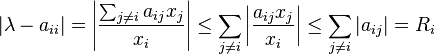 | \lambda - a_ {
ii}
| = \left|
\frac {
\sum_ {
j\ne I}
a_ {
ij}
ks_j}
{ks_i}
\right|
\le \sum_ {
j\ne I}
\left|
\frac {
a_ {
ij}
ks_j}
{ks_i}
\right|
\le \sum_ {
j\ne I}
| a_ {
ij}
| = R_i