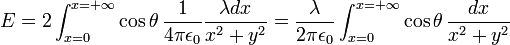 E=2\int_{x=0}^{x=+\infty} \cos \theta \, \frac{1}{4\pi {\epsilon}_0}\frac{\lambda dx}{x^2+y^2}=\frac {\lambda }{2\pi {\epsilon}_0}\int_{x=0}^{x=+\infty} \cos \theta \, \frac{dx}{x^2+y^2}