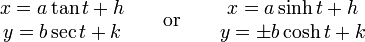 \begin{matrix}
 x = a\tan t + h \\
 y = b\sec t + k \\
\end{matrix}
\qquad \mathrm{or} \qquad\begin{matrix}
 x = a\sinh t + h \\
 y = \pm b\cosh t + k \\
\end{matrix}
