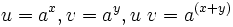  u = a^x, v = a^y, u\ v = a^{(x + y)}