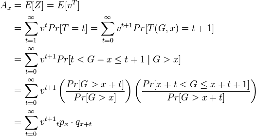 \begin{align} A_x &= E = E \\ &= \sum_{t=1}^\infty v^{t} Pr = \sum_{t=0}^\infty v^{t+1} Pr \\ &= \sum_{t=0}^\infty v^{t+1} Pr \\ &= \sum_{t=0}^\infty v^{t+1} \left(\frac{Pr}{Pr}\right)\left(\frac{Pr}{Pr}\right) \\ &= \sum_{t=0}^\infty v^{t+1} {}_t p_x \cdot q_{x+t} \end{align} \ 