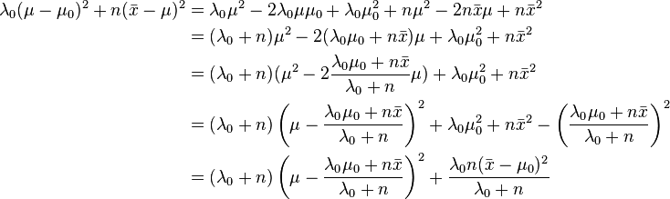 
\begin{align}
\lambda_0(\mu-\mu_0)^2 + n(\bar{x} -\mu)^2&=\lambda_0 \mu^2 - 2 \lambda_0 \mu \mu_0 + \lambda_0 \mu_0^2 + n \mu^2 - 2 n \bar{x} \mu + n \bar{x}^2 \\
&= (\lambda_0 + n) \mu^2 - 2(\lambda_0 \mu_0 + n \bar{x}) \mu + \lambda_0 \mu_0^2 +n \bar{x}^2 \\
&= (\lambda_0 + n)( \mu^2 - 2 \frac{\lambda_0 \mu_0 + n \bar{x}}{\lambda_0 + n} \mu ) + \lambda_0 \mu_0^2 +n \bar{x}^2 \\
&= (\lambda_0 + n)\left(\mu - \frac{\lambda_0 \mu_0 + n \bar{x}}{\lambda_0 + n} \right) ^2 + \lambda_0 \mu_0^2 +n \bar{x}^2 - \left( \frac{\lambda_0 \mu_0 +n \bar{x}}{\lambda_0 + n} \right)^2 \\
&= (\lambda_0 + n)\left(\mu - \frac{\lambda_0 \mu_0 + n \bar{x}}{\lambda_0 + n} \right) ^2 + \frac{\lambda_0 n (\bar{x} - \mu_0 )^2}{\lambda_0 +n}
\end{align}
