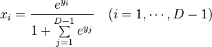 ks_i = \frac {
e^ {
i_i}
}
{
1-+ \sum\limits_ {
j 1}
^ {
D-1}
e^ {
i_j}
}
\kvad (mi = 1, \cdot'oj, D-1)