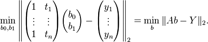  \min_{b_0,b_1}\left\|\begin{pmatrix}1 & t_1 \\ \vdots & \vdots \\ 1 & t_n  \end{pmatrix} 
\begin{pmatrix} b_0\\ b_1\end{pmatrix} - \begin{pmatrix} y_1 \\ \vdots \\ y_{n}\end{pmatrix}\right\|_{2} = \min_b\|Ab-Y\|_2. 