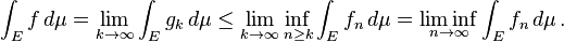 \int_E f\,d\mu
=\lim_{k\to\infty}\int_E g_k\,d\mu
\le\lim_{k\to\infty} \inf_{n\ge k}\int_E f_n\,d\mu
=\liminf_{n\to\infty} \int_E f_n\,d\mu\,.