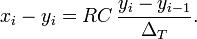 x_i - y_i = RC \, \frac{y_{i}-y_{i-1}}{\Delta_T}.\,