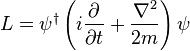 L = \psi^\dager \left (mi {
\partial \over \partial t}
+ {
\nabla^2 \over 2m}
\right) \psi '\' 