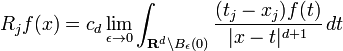 R_jf (x) = c_d\lim_ {
\epsilon\to 0}
\int_ {
\matbf {
R}
^d\backslash B_\epsilon (0)}
\frac {
(t_j-x_j) f (t)}
{
|
x-t|
^ {
d+1}
}
'\' 