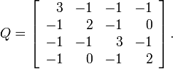 Q = \left[\begin{array}{rrrr}
3 & -1 & -1 & -1 \\
-1 & 2 & -1 & 0 \\
-1 & -1 & 3 & -1 \\
-1 & 0 & -1 & 2
\end{array}\right].