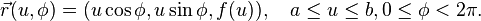  \vec r(u,\phi) = (u\cos\phi, u\sin\phi, f(u)),
\quad a\leq u\leq b, 0\leq\phi < 2\pi. 