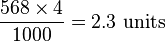 \frac{568 \times 4}{1000} = 2.3\mbox{ units}