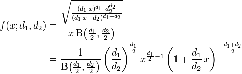  \begin{align} 
f(x; d_1,d_2) &= \frac{\sqrt{\frac{(d_1\,x)^{d_1}\,\,d_2^{d_2}} {(d_1\,x+d_2)^{d_1+d_2}}}} {x\,\mathrm{B}\!\left(\frac{d_1}{2},\frac{d_2}{2}\right)} \\
&=\frac{1}{\mathrm{B}\!\left(\frac{d_1}{2},\frac{d_2}{2}\right)} \left(\frac{d_1}{d_2}\right)^{\frac{d_1}{2}} x^{\frac{d_1}{2} - 1} \left(1+\frac{d_1}{d_2}\,x\right)^{-\frac{d_1+d_2}{2}}
\end{align}