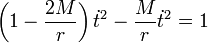 \left(1-\frac{2M}{r}\right) \dot{t}^2 - \frac{M}{r} \dot{t}^2 = 1