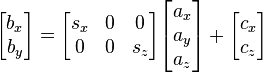  \begin{bmatrix} {b_x } \\ {b_y } \\
\end{bmatrix} = \begin{bmatrix} {s_x } & 0 & 0 \\ 0 & 0 & {s_z } \\
\end{bmatrix}\begin{bmatrix} {a_x } \\ {a_y } \\ {a_z } \\
\end{bmatrix} + \begin{bmatrix} {c_x } \\ {c_z } \\
\end{bmatrix}
