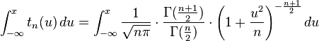  \int_{-\infty}^{x} t_n(u) \, du = \int_{-\infty}^{x} \frac{1}{\sqrt{n \pi}} \cdot \frac{\Gamma(\frac{n+1}{2})}{\Gamma(\frac{n}{2})} \cdot \Bigg(1+ \frac{u^2}{n} \Bigg)^{-\frac{n+1}{2}}  \, du 